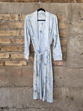 Charter Club Intimates Blue Floral 100% Cotton Lace Trim Robe Size M